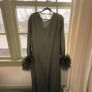 Sleeper Olive Green Maxi Dress with Feather Cuffs